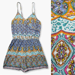 YOUNG USA Strappy Geometric Color Kaleidescope Romper, 100 Viscose, M